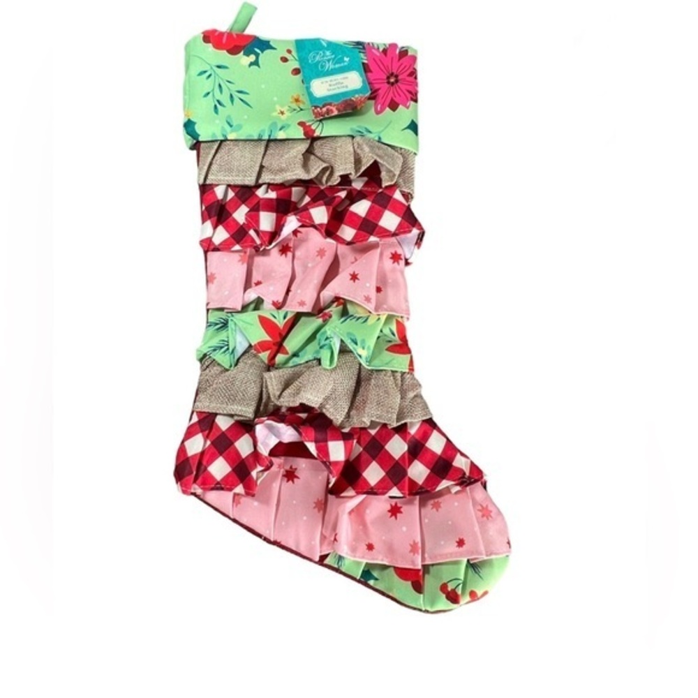 NWT Pioneer Women Retro Holiday‎ Floral Ruffled Christmas Stocking